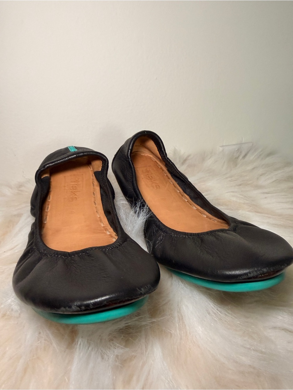 Tieks Black Leather Ballet Flats with Teal Soles